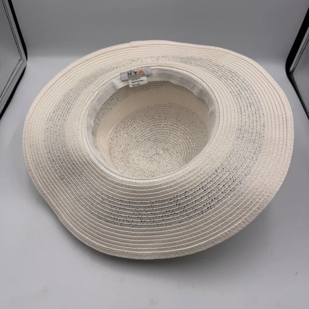NYA New York Accessory Group Ivory Straw SunHat Metallic SilverShimmer Wide Brim